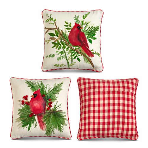 Gingham Cardinal on a Branch Pillow