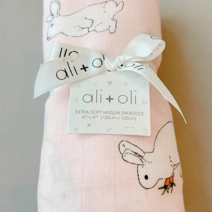 Muslin Swaddle Blanket (Pink Bunny)