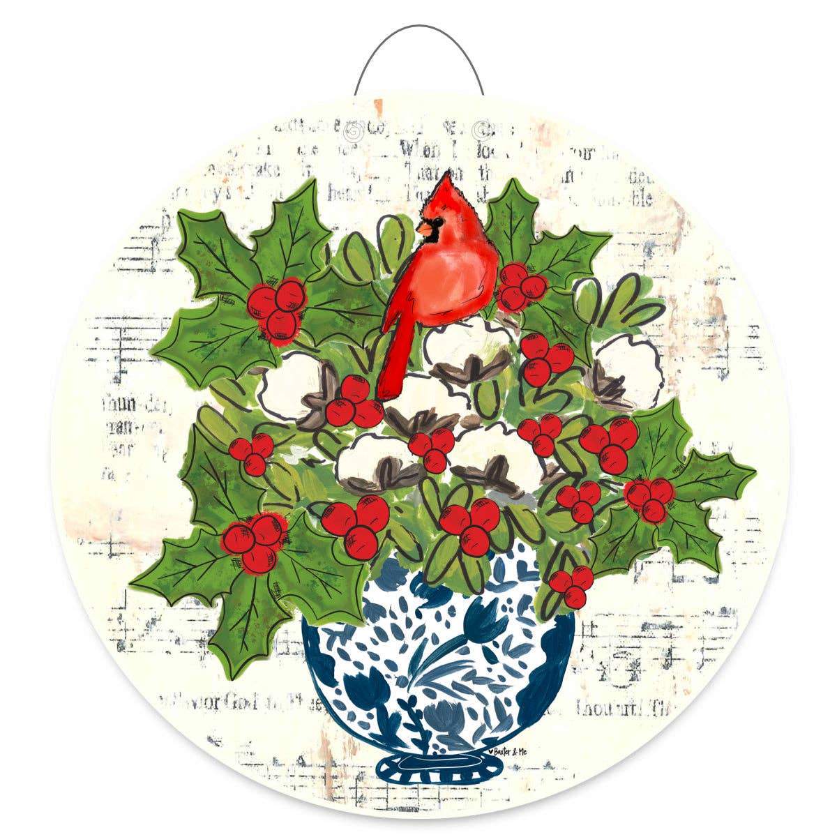 Blue Willow Cotton Holly Berry Cardinal Door Hanger