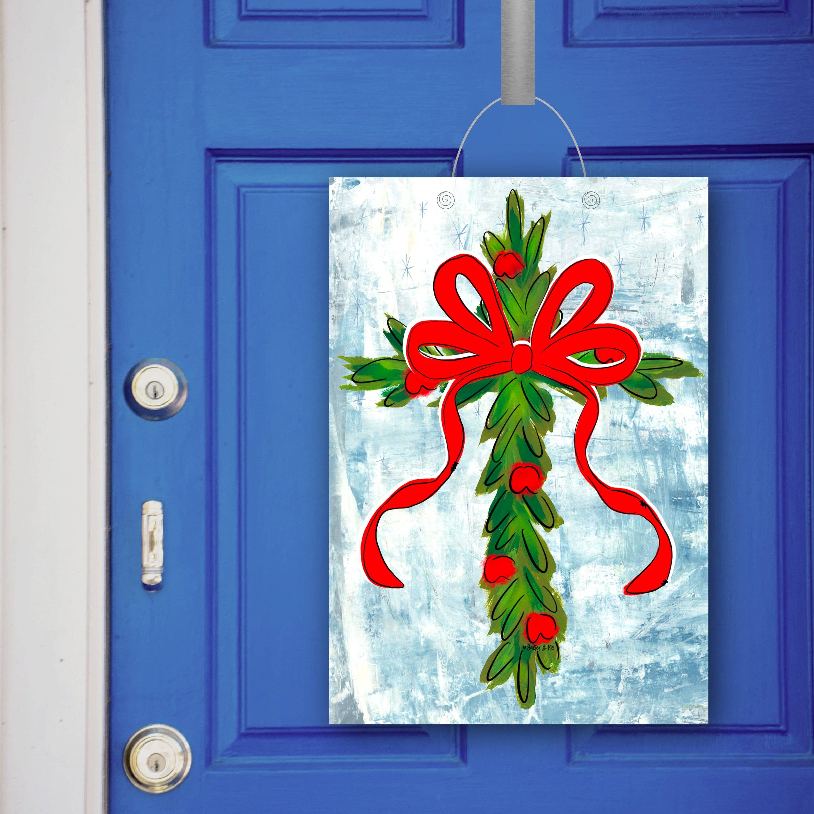 Christmas Berry Cross with Red Bow Door Hanger