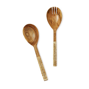 Wood Salad Servers with Wrapped Wicker Handle