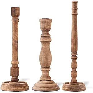 Set Of 3 Brown Wood Assorted Taper Candleholders