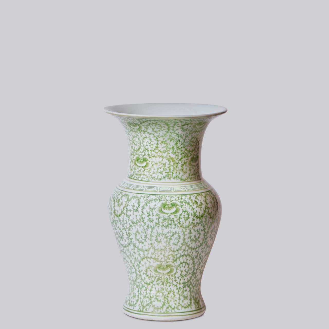 Green and White Scrolling Peony Porcelain Trumpet Vase