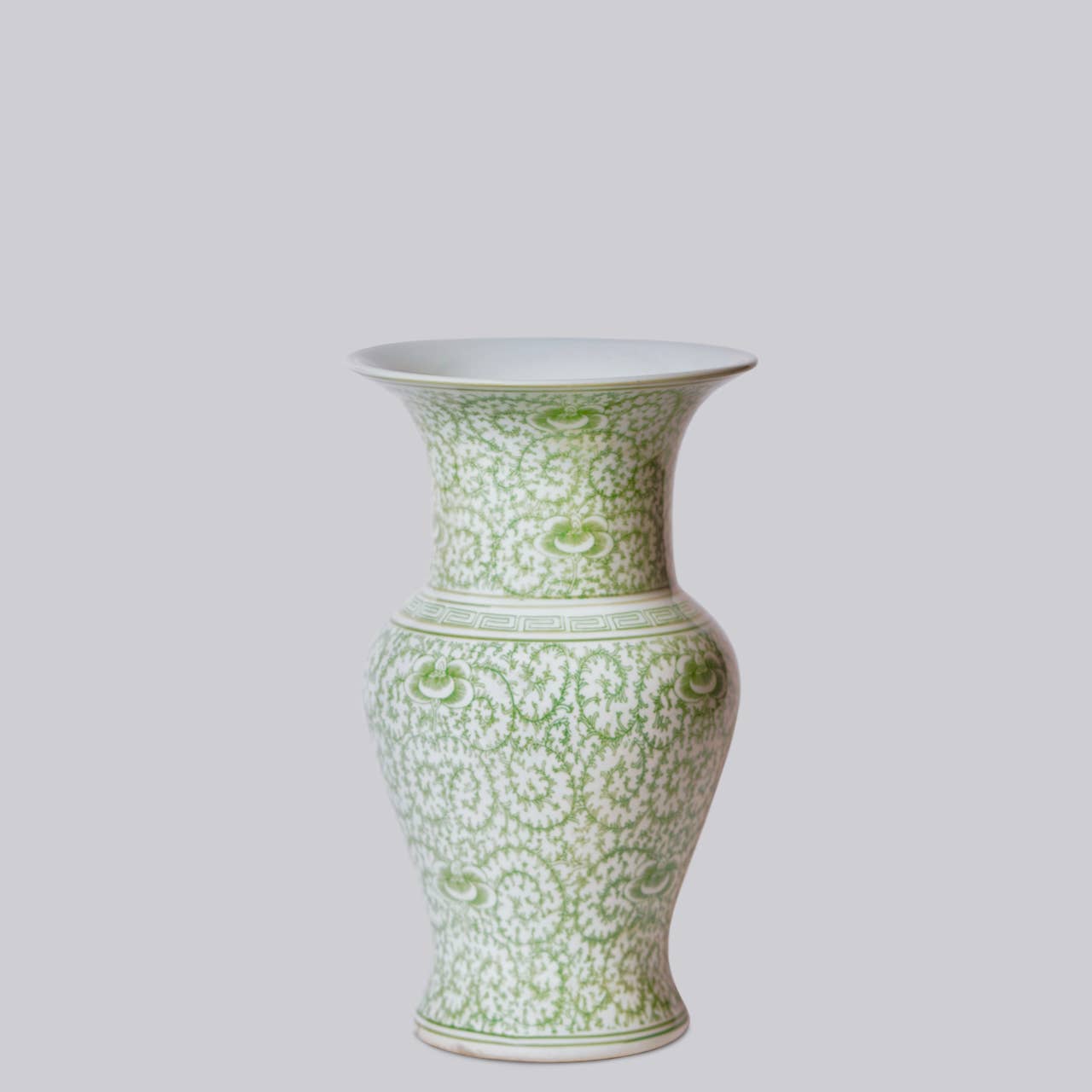 Green and White Scrolling Peony Porcelain Trumpet Vase