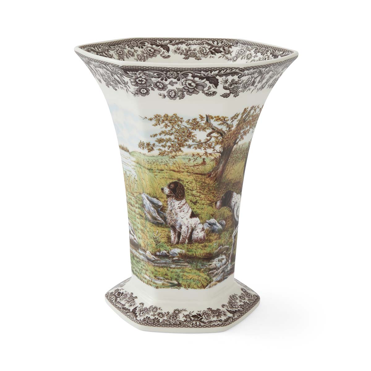 Woodland Hexagonal Vase, Hunting Dogs | Spode