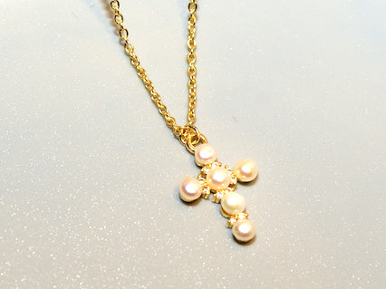 Gold Pearl Cross Necklace | Meghan Browne
