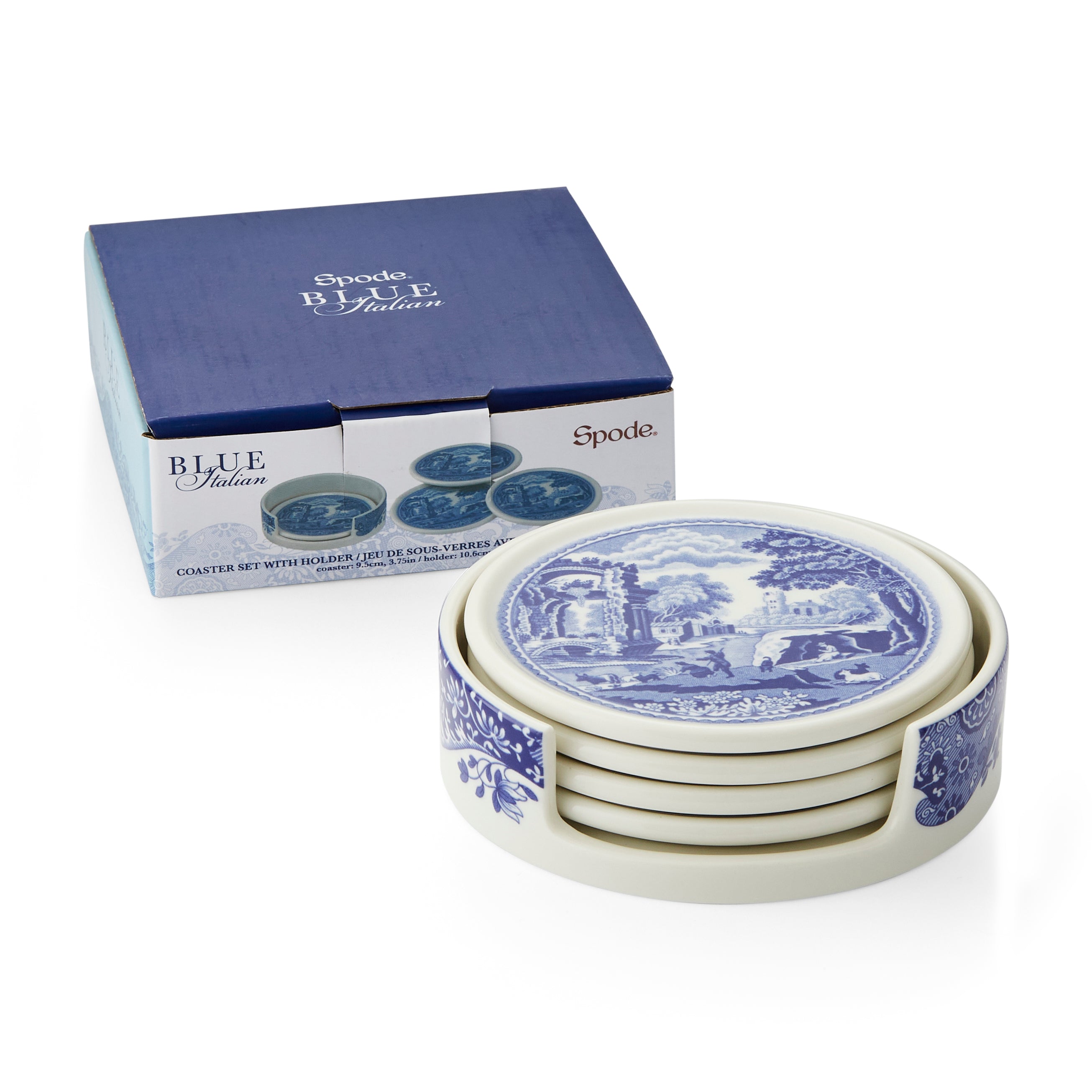 Blue Italian Ceramic Coasters with Holder