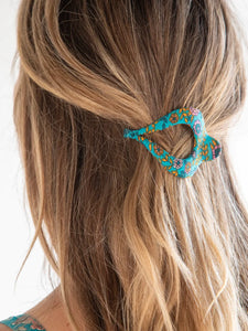 Floral Fabric Boho Hair Clip - Turquoise Cream Floral