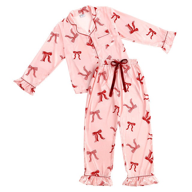 Satin Long Sleeve Ruffle PJ Set - Striped Bows | Bella Sleep + Spa