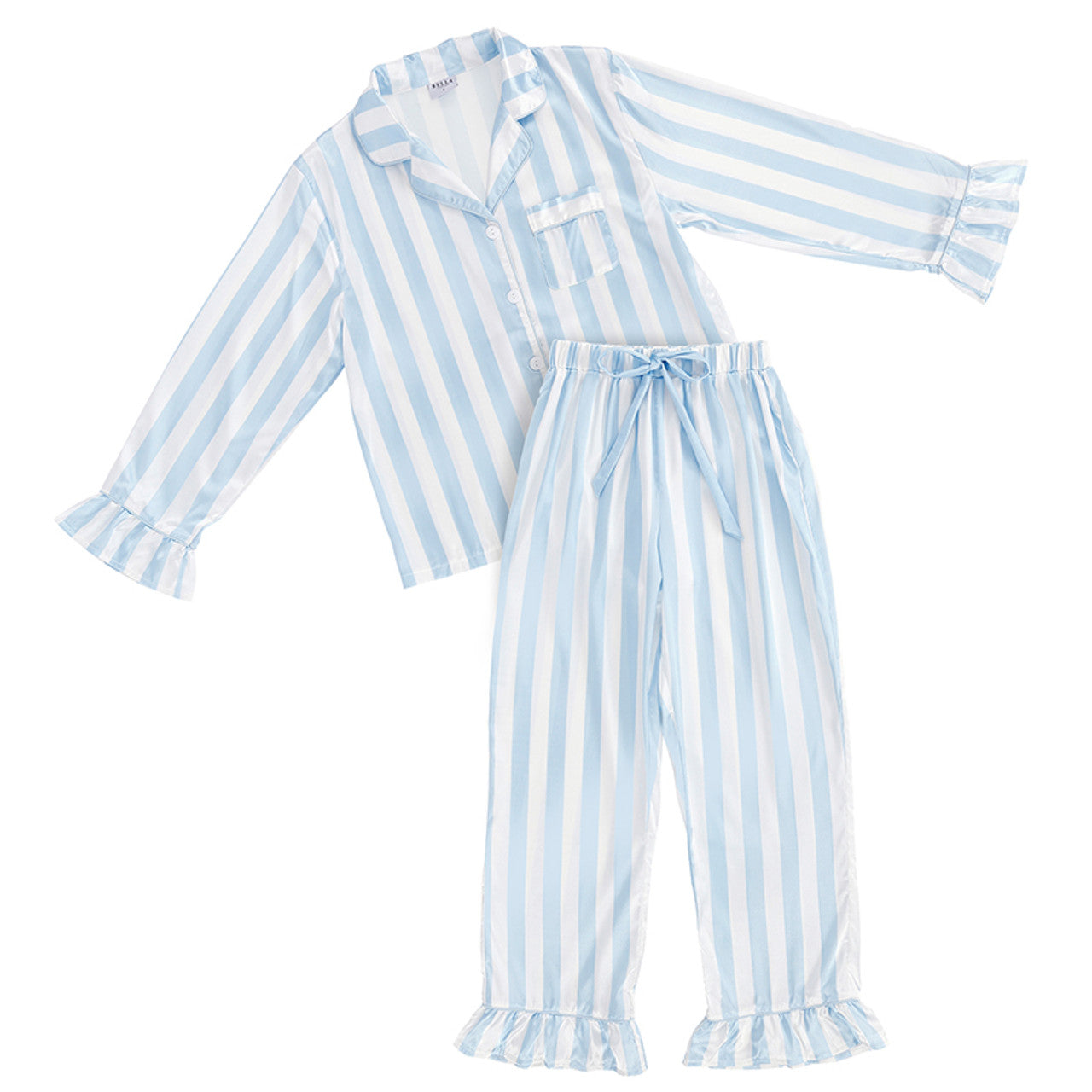 Full-Length Ruffle PJ Set With Velvet Tie - White + Spa Blue Cabana Stripe | Bella Sleep + Spa
