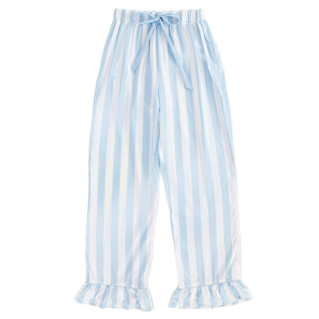 Full-Length Ruffle PJ Set With Velvet Tie - White + Spa Blue Cabana Stripe | Bella Sleep + Spa