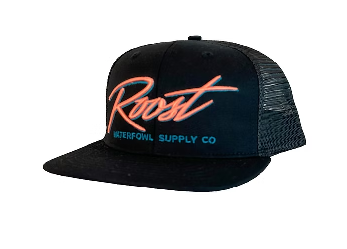 Roost Black 7 Panel with Pink Script Logo