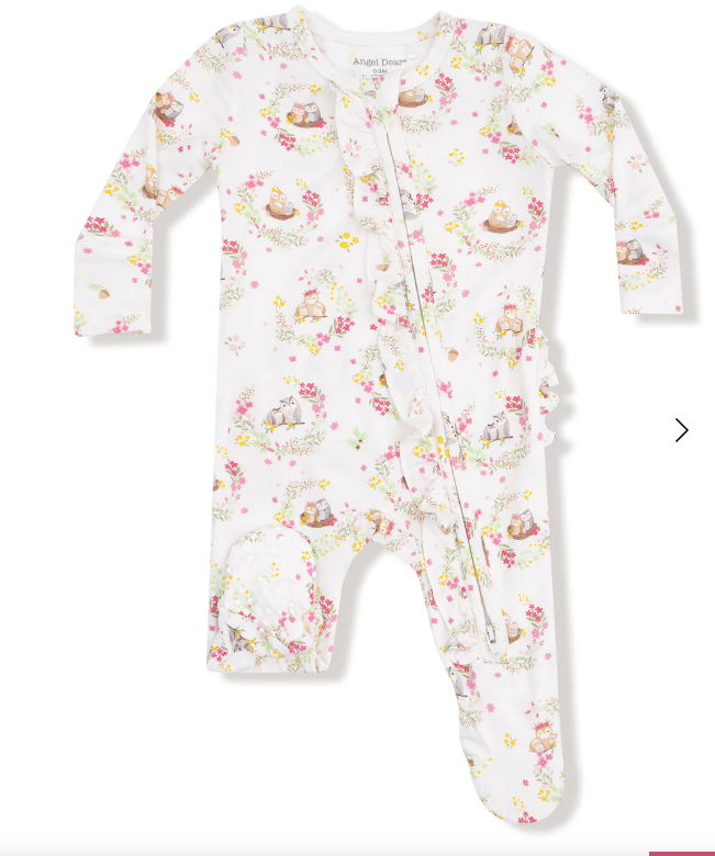 2-Way Zip Ruffle Footie, Floral Owl Families
