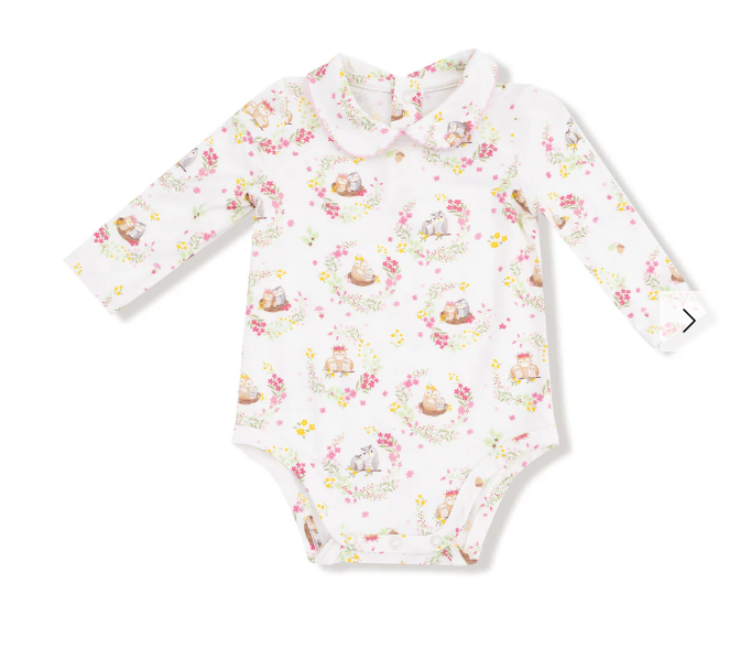 Peter Pan Collar Bodysuit Floral Owl Families | Angel Dear