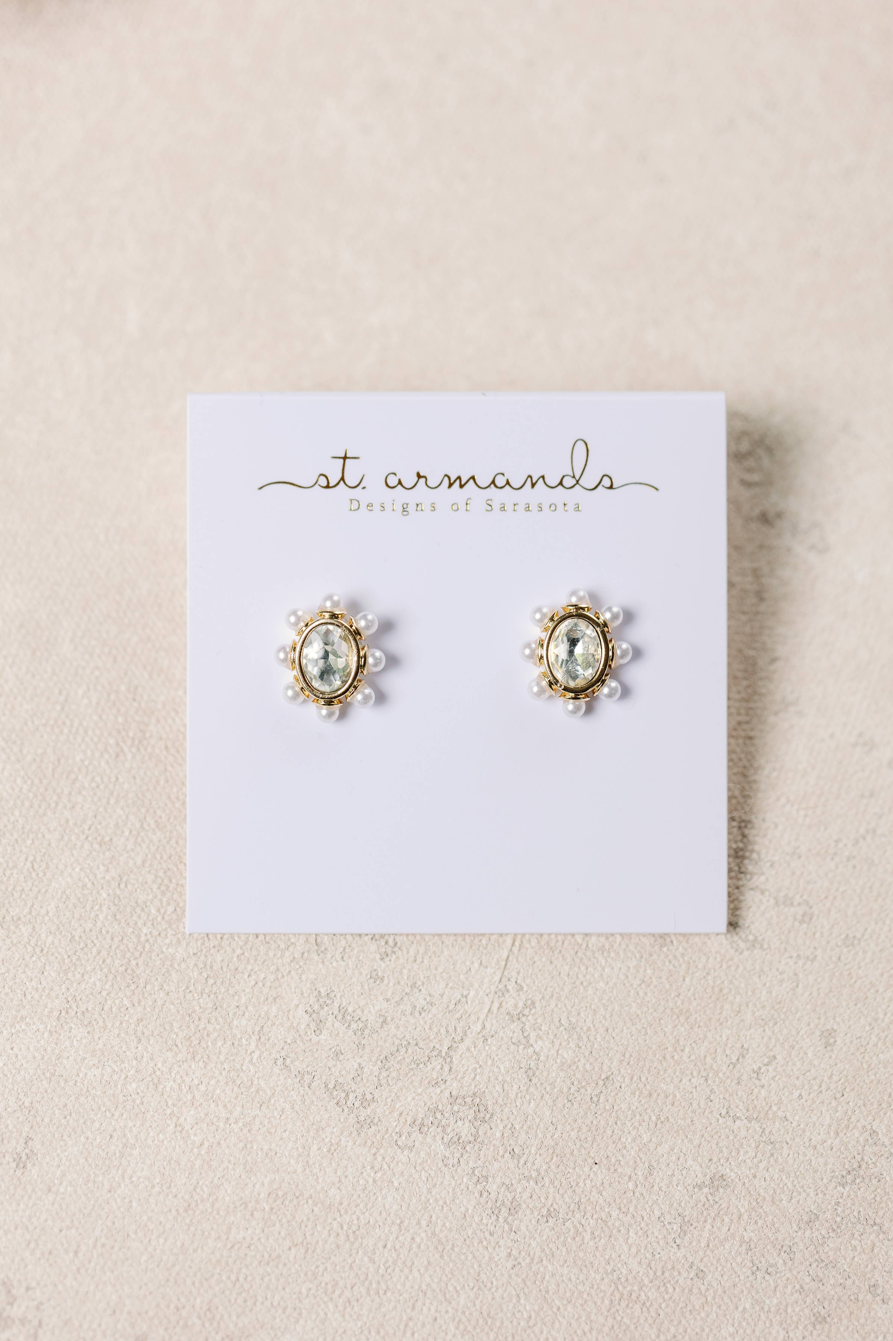 Crystal Pearl Oval Stud Earrings