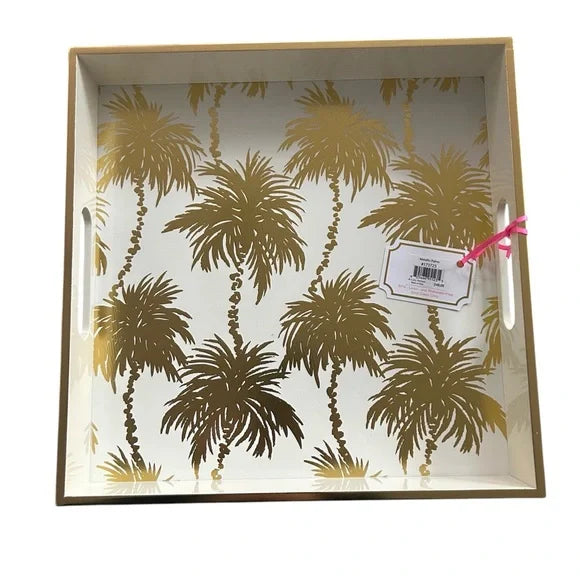 Metallic Palms White With Gold Palm Pattern Square Serving Tray