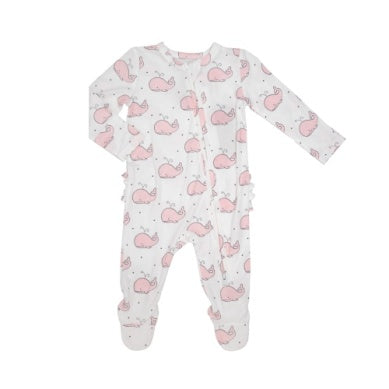 Bubbly Whale Pink 2 Way Zipper Ruffle Back Footie 6-9mos