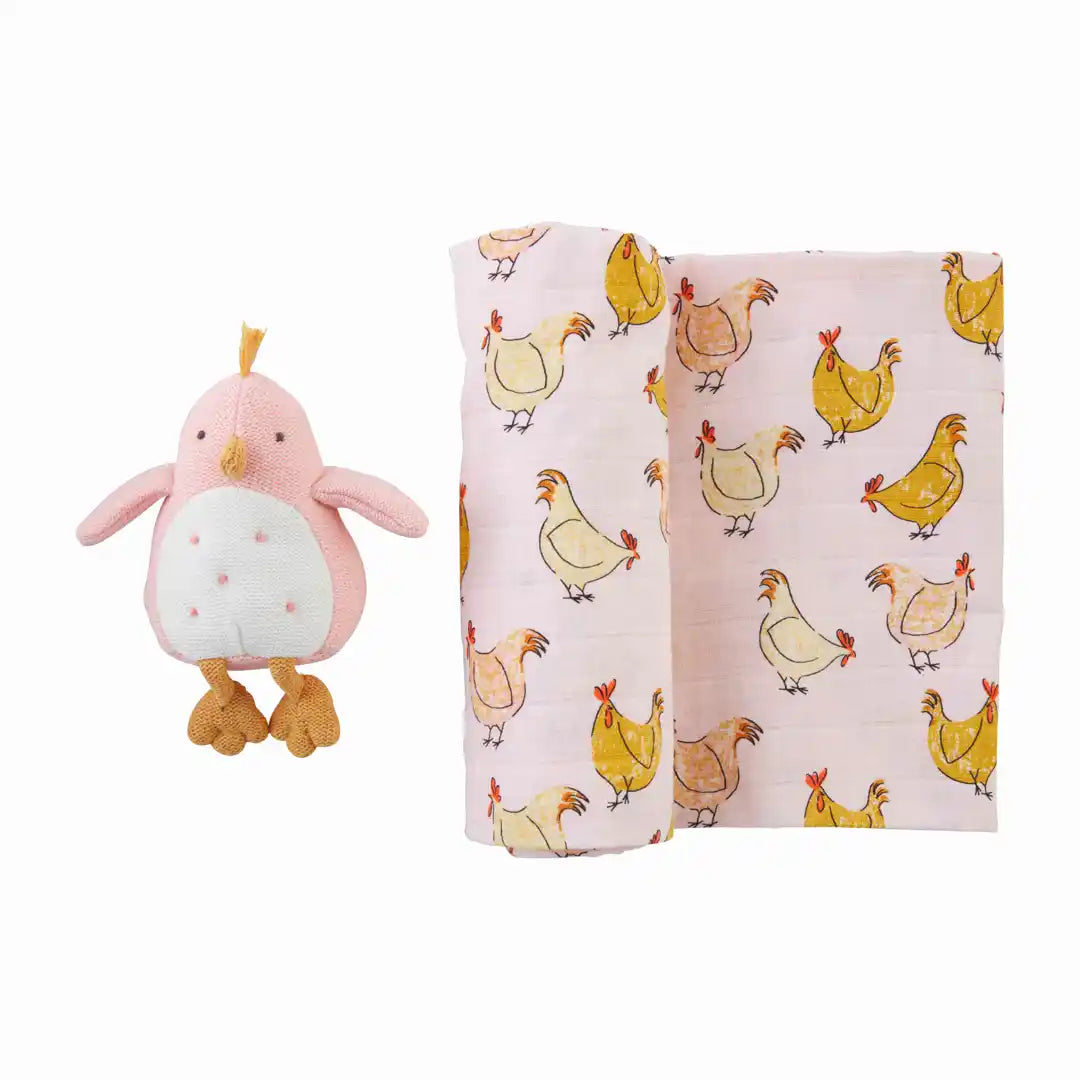 Chicken Swaddle Blanket & Rattle in Pink
